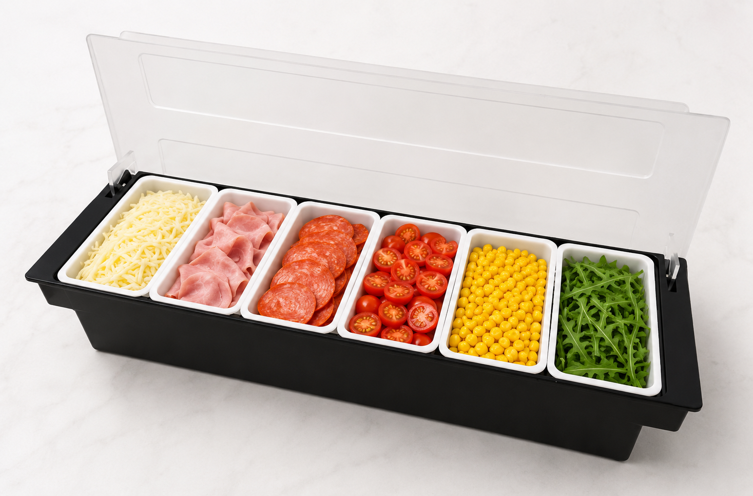 Pizza topping station med 6 rum og lg - Billig fragt
