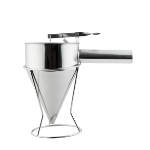 Dispenser / Fyldetragt i rustfrit st�l med stativ til chokolade, pandekage- og vaffel dej og lignende